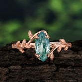 Nature-Inspired Leafy Branch 4-Prong Marquise Natural Moss Agate Engagement Ring