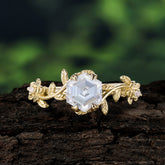 Nature-Inspired Vine-Wrapped 4-Prong Hexagon-Cut Moissanite Engagement Ring