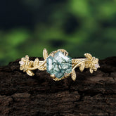 Nature-Inspired Vine-Wrapped 4-Prong Hexagon-Cut Natural Moss Agate Engagement Ring