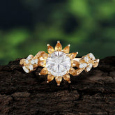 Nature-Inspired Sunflower 4-Prong Round Cut Moissanite Engagement Ring