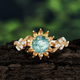 Nature-Inspired Sunflower 4-Prong Round Cut Natural Moss Agate Engagement Ring