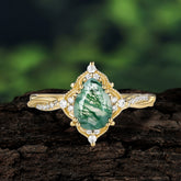 Nature Leaf Ring Pear Cut Natural Moss Agate Engagement Ring