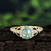 Luxury 4-Prong Pear-Shaped Natural Moss Agate Wedding Ring