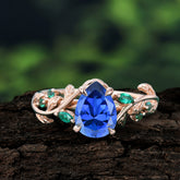 4 Prong Nature Inspired Pear Cut Sapphire Leaf Gold Engagement Ring