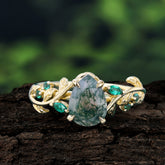 4 Prong Nature Inspired Pear Cut Natural Moss Agate Leaf Gold Engagement Ring