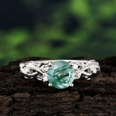 Vintage 4-Prong Round Cut Natural Moss Agate Engagement Ring