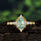 Antique Pear-Cut Natural Moss Agate Engagement Ring