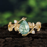 Branch-Inspired 3-Prong Pear-Cut Natural Moss Agate Engagement Ring