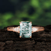 Vintage - Style 4 Prong Emerald Cut Natural Moss Agate Ring