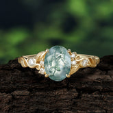 Retro Nature-Inspired 4-Prong Oval-Cut Natural Moss Agate Engagement Ring
