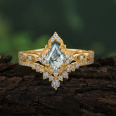 Unique Cut Kite Cut Natural Moss Agate Cluster Engagement Ring Set 2pcs