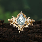 Unique Pear Shaped Engagement Ring Set Natural Moss Agate Cluster Wedding Band