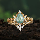 Elegant 5 Prong Pear-Cut Natural Moss Agate Engagement Ring Set