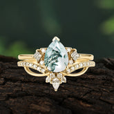 Fashion-Forward 3 Prong Luxury Pear-Cut Natural Moss Agate Engagement Ring Set