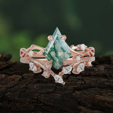 Fashion 4-Prong Kite-Cut Natural Moss Agate Engagement Ring Set