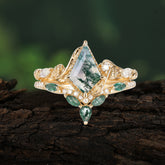 Luxury Nature-Inspired 4-Prong Kite-Cut Natural Moss Agate Engagement Ring Set