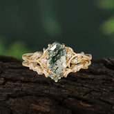 Nature-Inspired 4-Prong Hexagon-Cut Natural Moss Agate Engagement Ring Set
