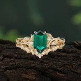 Nature-Inspired 4-Prong Hexagon-Cut Emerald Engagement Ring Set
