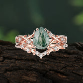 Nature-Inspired 4 Prong Pear-Cut Natural Moss Agate Ring Set