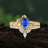 Nature-Inspired 3-Prong Oval-Cut Sapphire Engagement Ring Set with Vine Accents