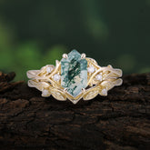 Nature-Inspired Vintage 4-Prong Hexagonal-Cut Natural Moss Agate Engagement Ring Set