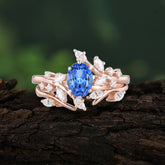 Romantic Nature-inspired 4-Prong Oval Cut Sapphire Stacking Ring
