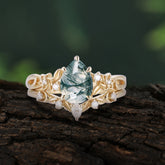 Art Nouveau 5-Prong Pear Cut Natural Moss Agate Ring