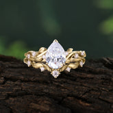 Nature - Inspired 3  Prong Pear Cut Moissanite Romantic Wedding Ring Sets
