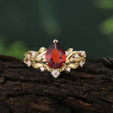 Nature - Inspired 3  Prong Pear Cut Garnet Romantic Wedding Ring Sets