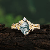 3 Prong Delicate Twisted Vine Wrapped Prong Pear Cut Natural Moss Agate Stackable Rings