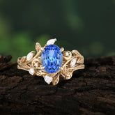 1.15 CT Delicate Leaf Accented 4 Prong Oval Shaped Sapphire Ring Sets