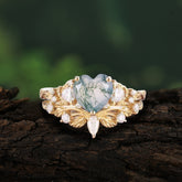 Nature - Inspired 3 - Prong Heart - Cut Natural Moss Agate Stackable Ring Set