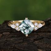 Classic Elegant 4-Prong Princess Cut Moss Agate Engagement Ring
