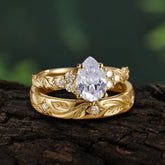 Nature-Inspired Vintage 4-Prong Pear Cut Moissanite Bridal Set