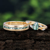 Exquisite 4-Prong Pear Cut Moss Agate Engagement Ring Set