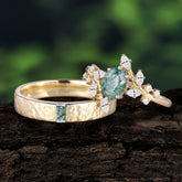 Nature-Inspired 6-Prong Oval Cut Moss Agate Engagement Ring Set