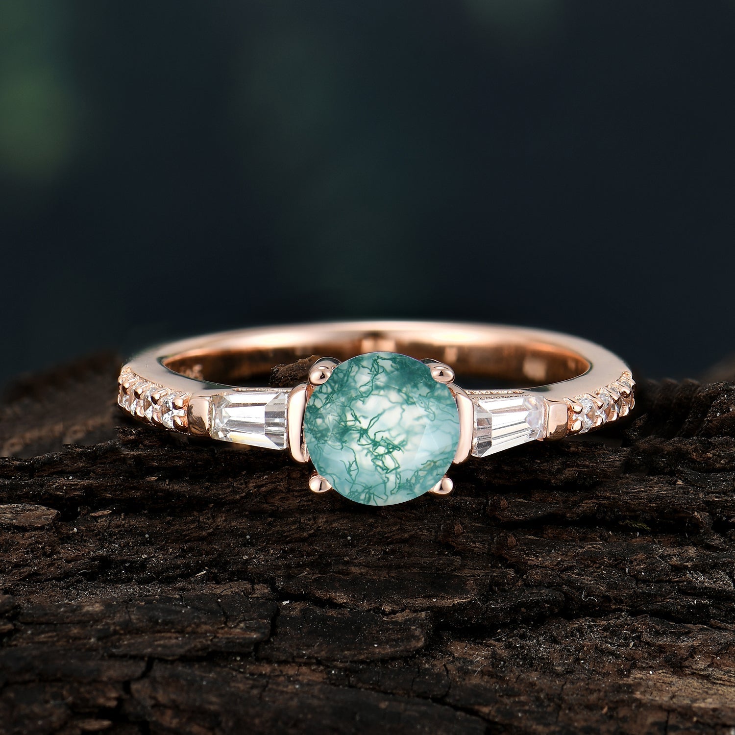 Moss Agate 1 Carat Light Green promise Ring with Side Stones