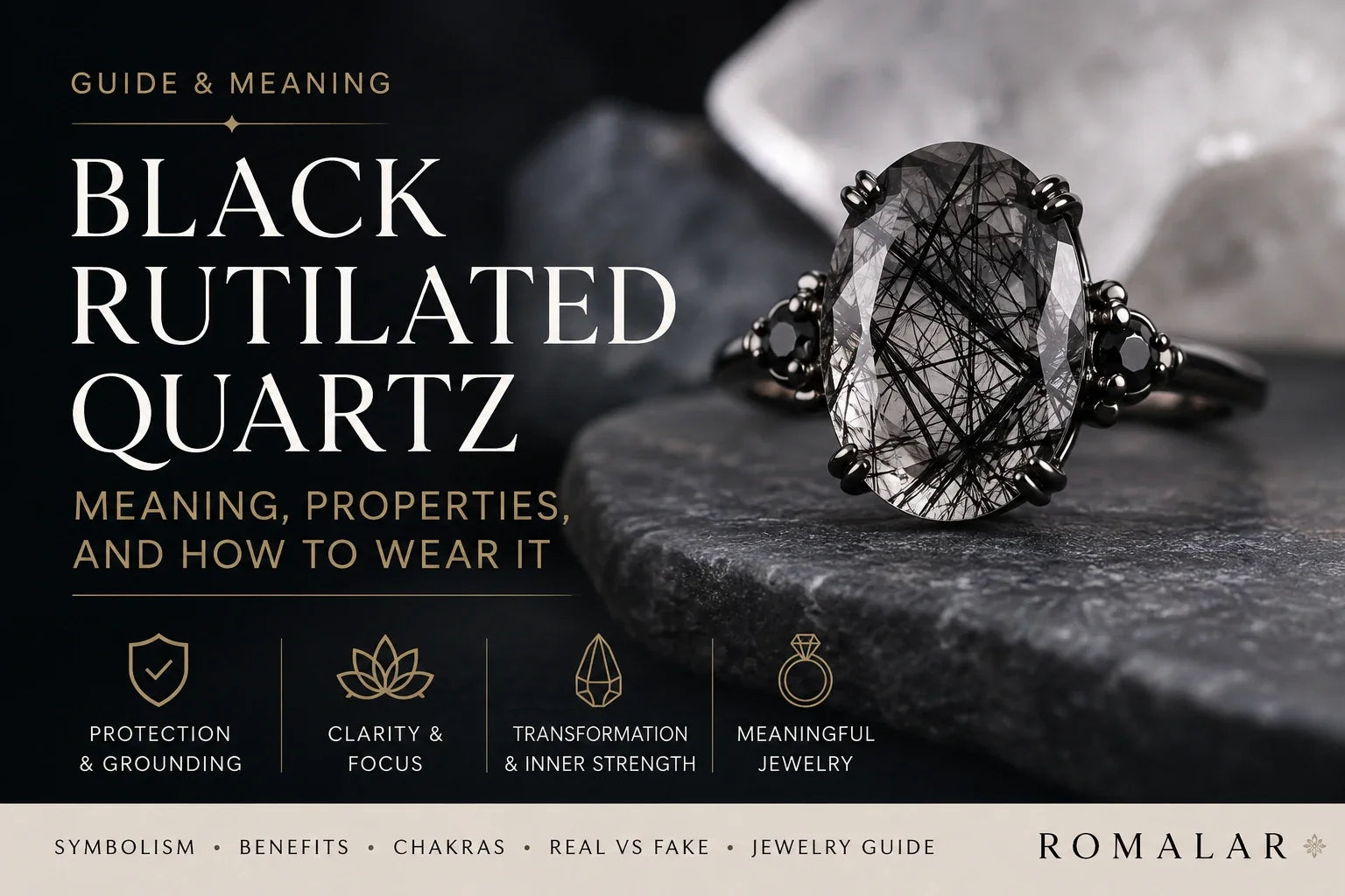 Close-up of a black rutilated quartz ring showcasing black needle-like inclusions, representing the gemstone's symbolic meaning, grounding, protection, and everyday jewelry appeal.