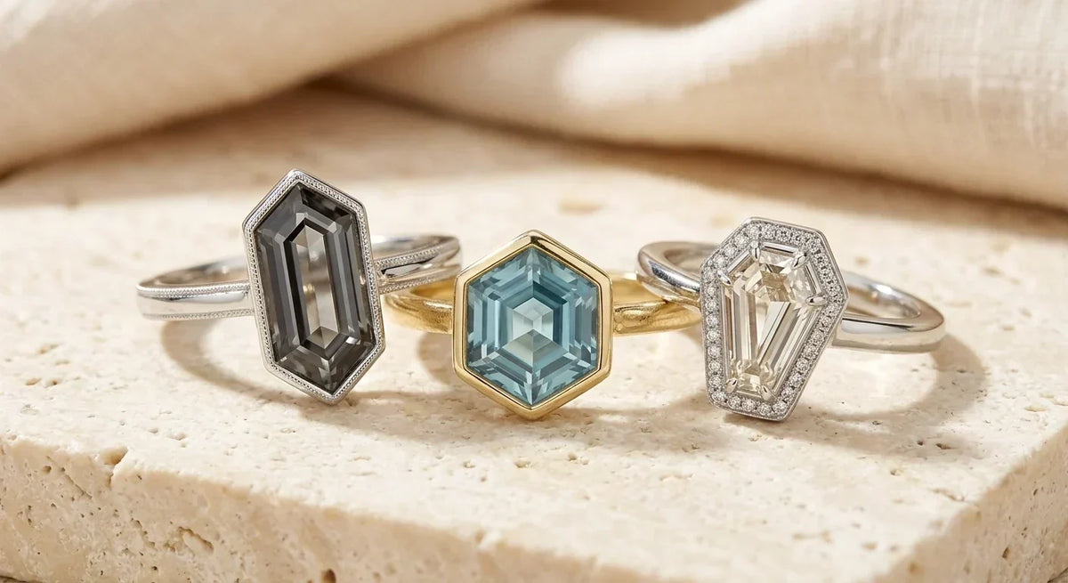 Coffin cut and hexagon engagement rings