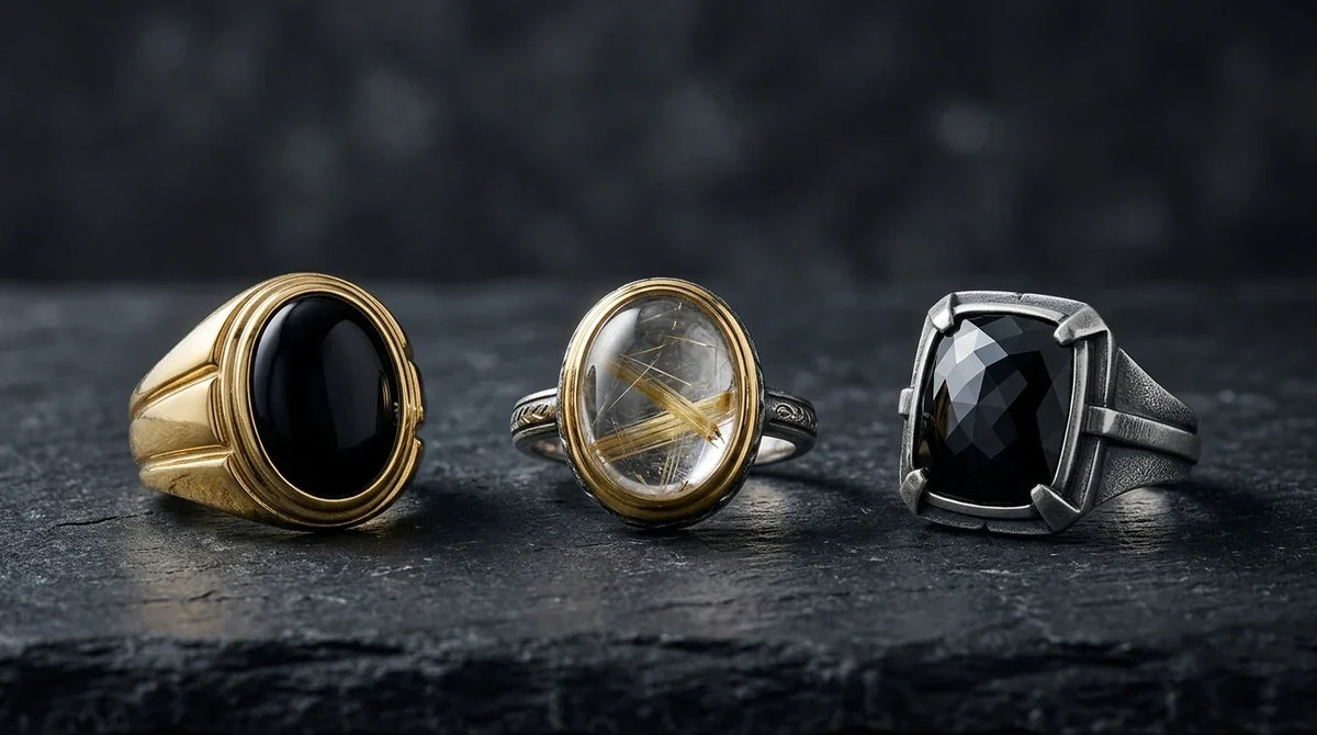 Dark statement rings 2027 with black onyx and rutilated quartz