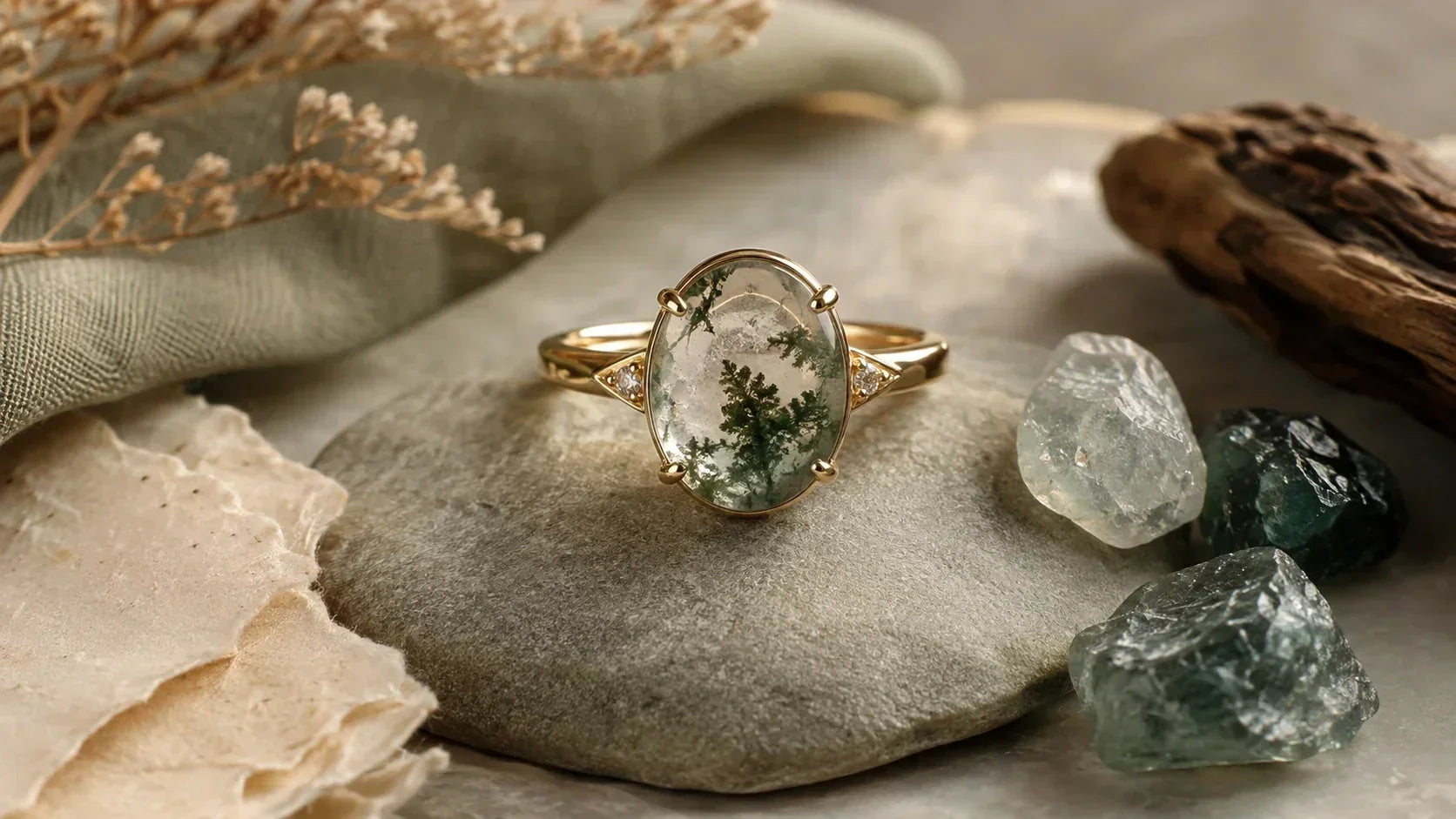 Moss agate ring with natural green inclusions representing ethical and sustainable jewelry design