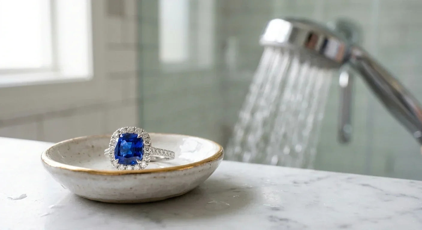 Gemstone ring in dish near shower