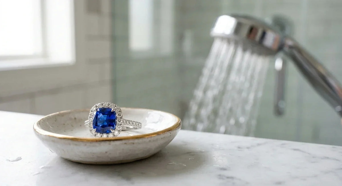 Gemstone ring in dish near shower