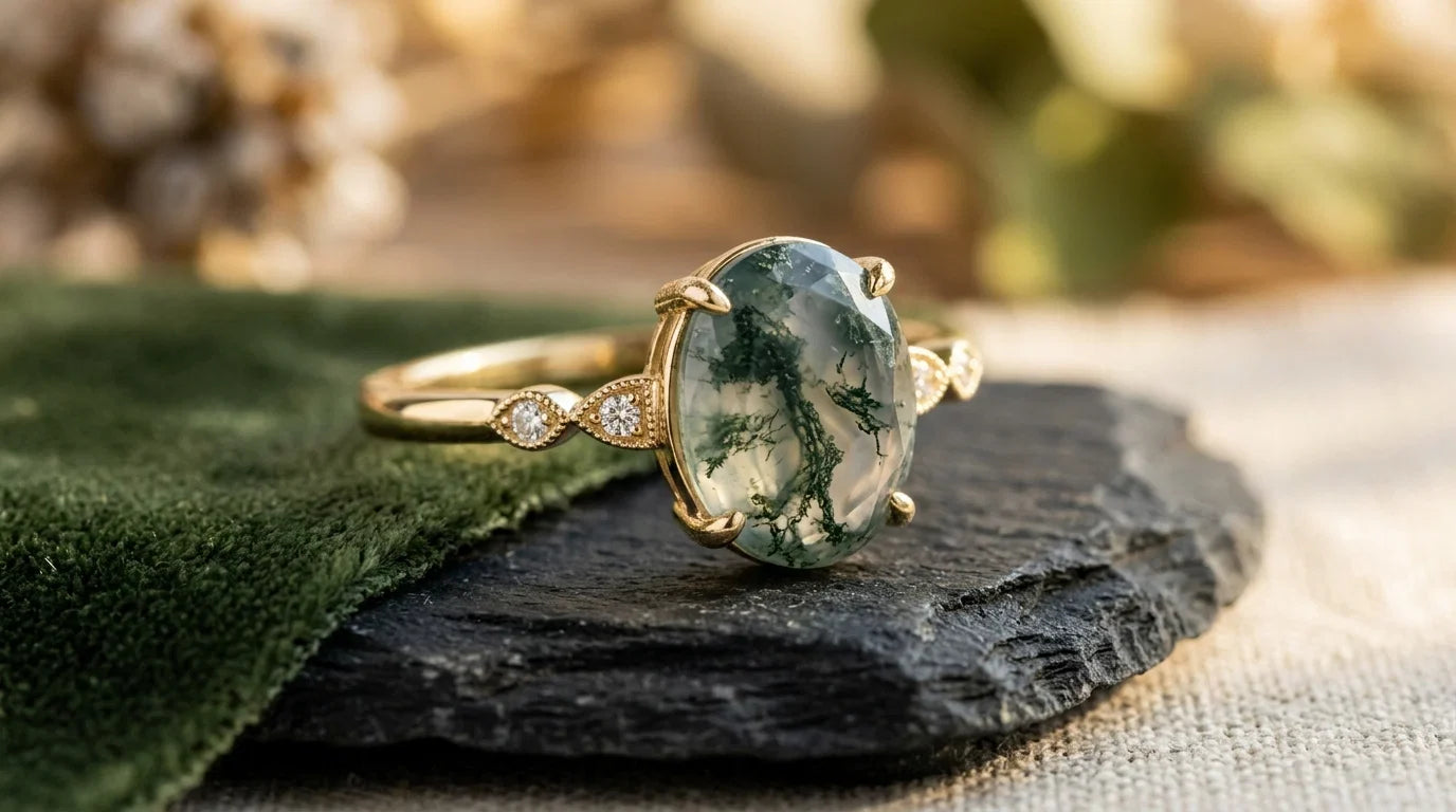 Moss agate engagement ring in 14k gold