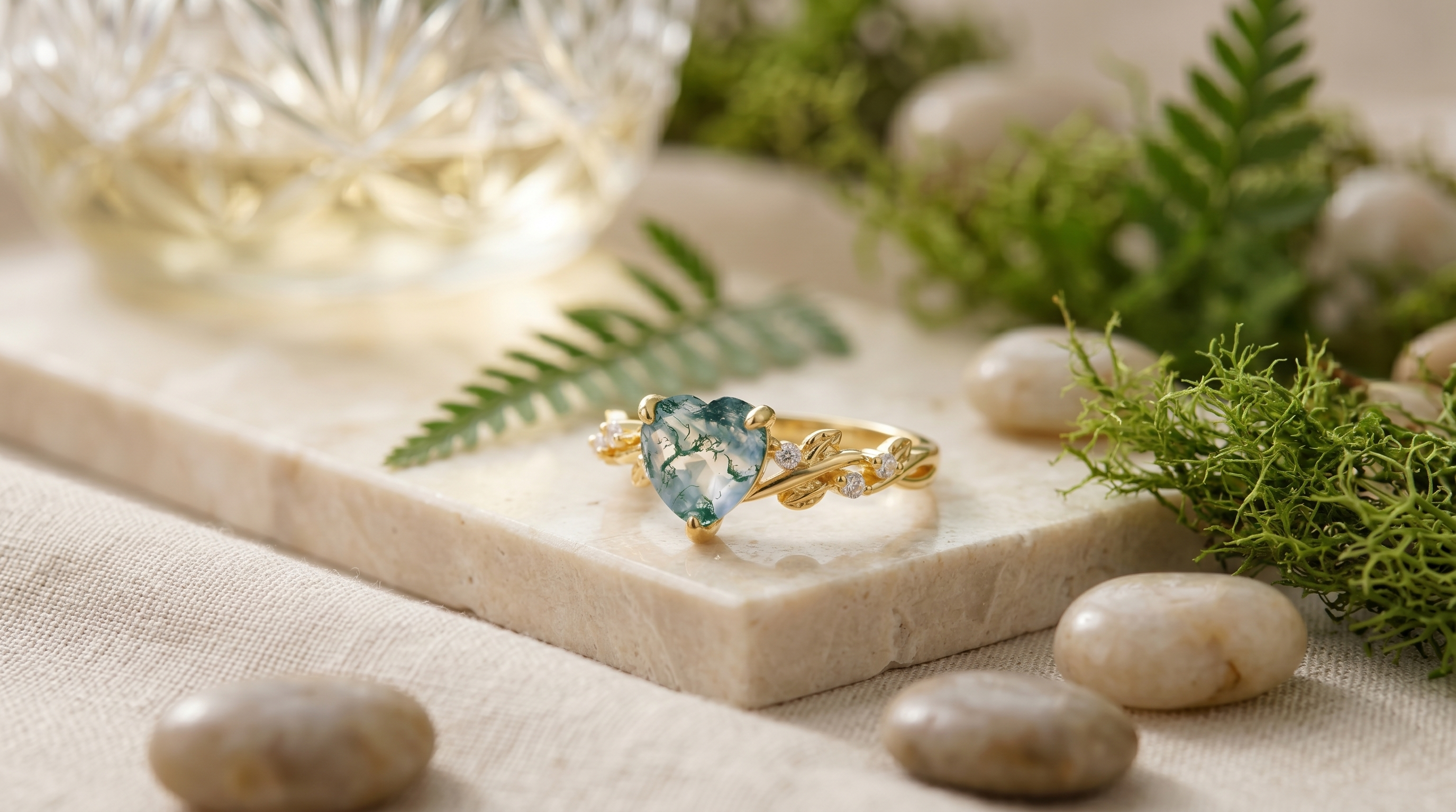 Romalr moss agate engagement ring with natural green inclusions