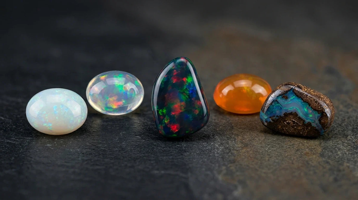 Opal gemstones in white, black, orange, and rainbow colors