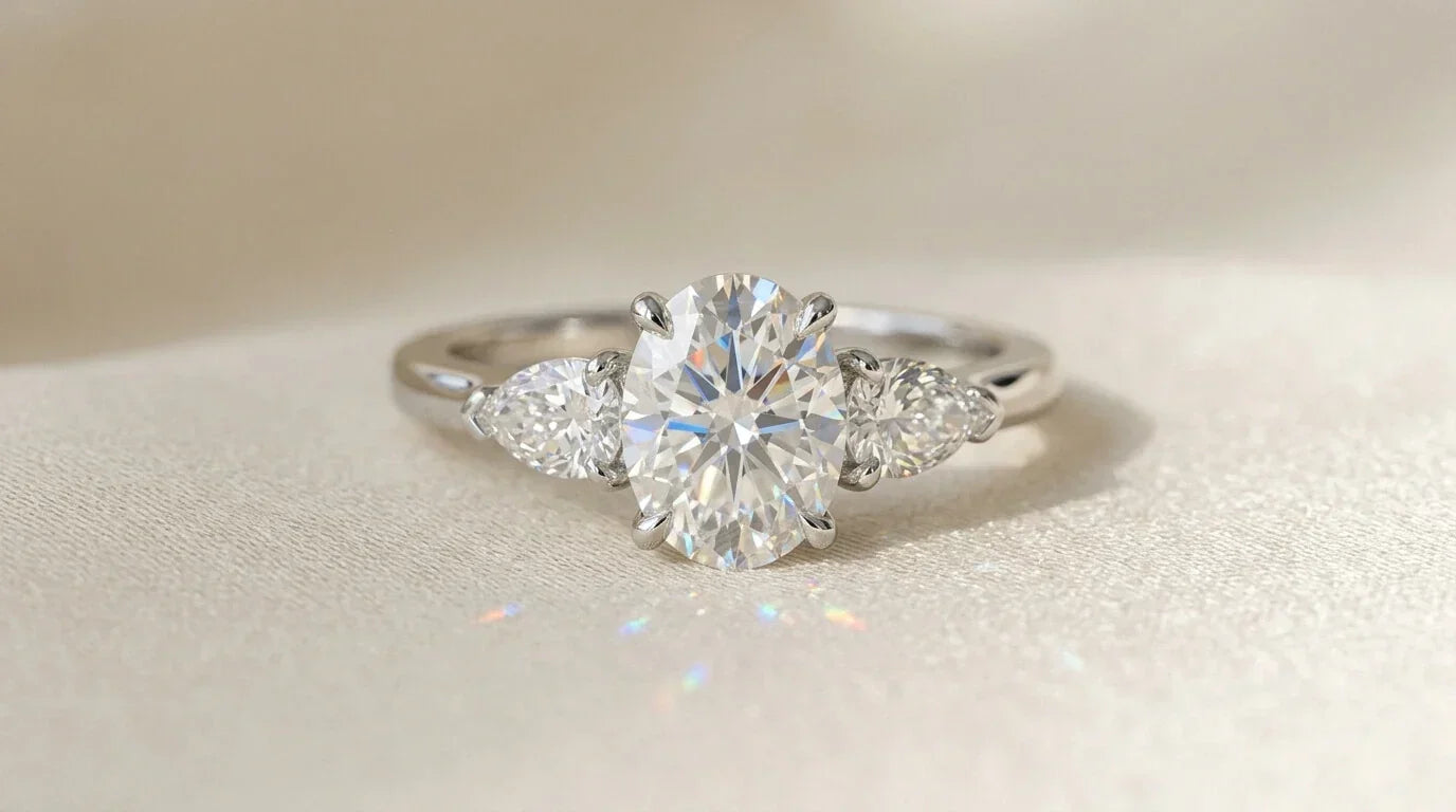 Three-stone moissanite engagement ring with fiery brilliant sparkle