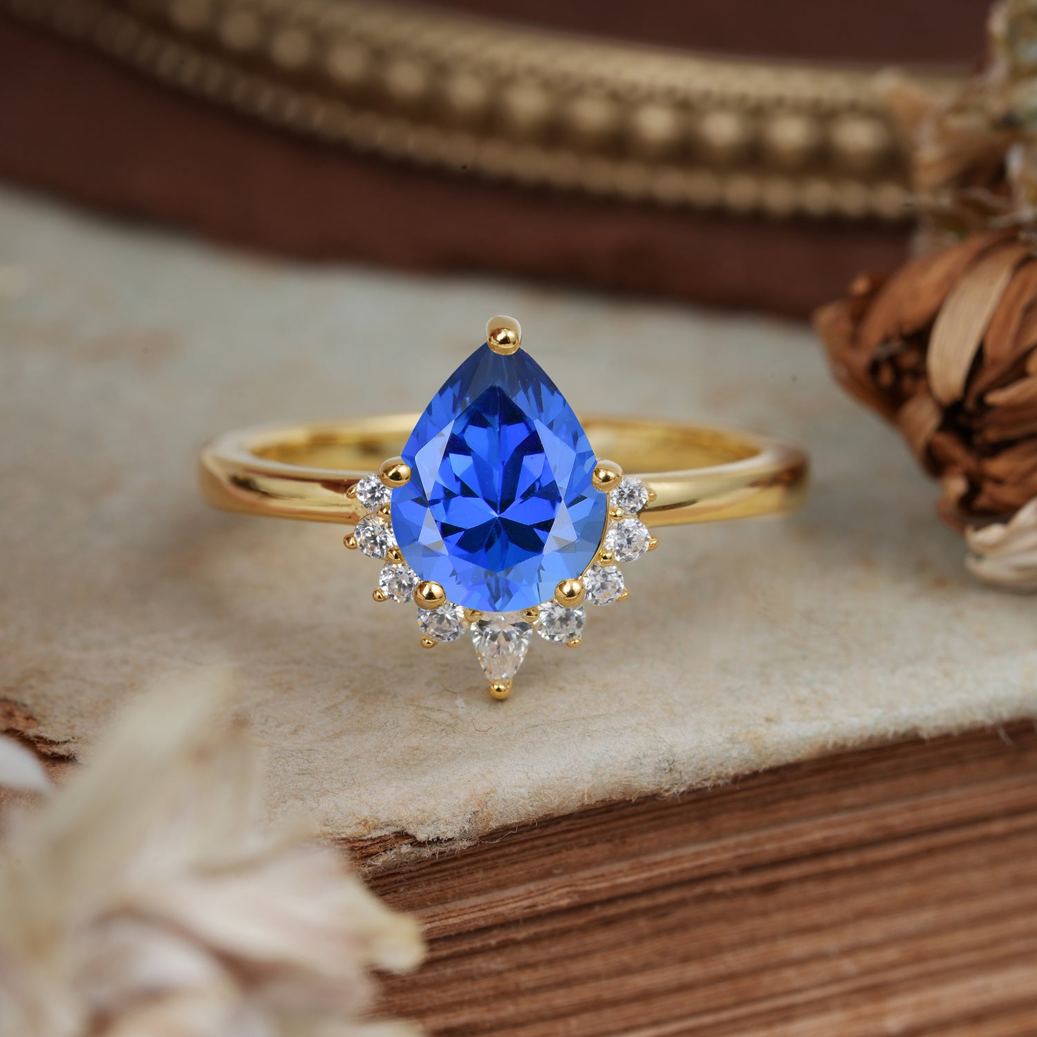 Pear Cut Vintage Sapphire Engagement Ring Cluster Ring for Women - Romalar Jewelry