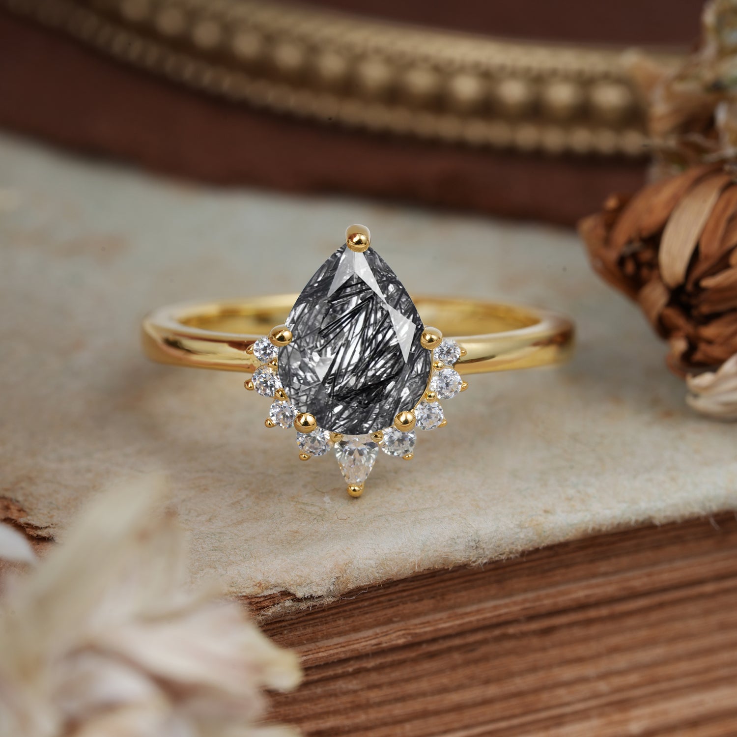 Pear Cut Vintage Black Rutilated Quartz Engagement Ring Cluster Ring for Women
