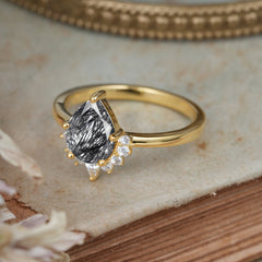 Pear Cut Vintage Black Rutilated Quartz Engagement Ring Cluster Ring for Women